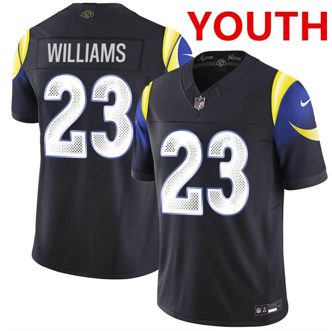 Youth los angeles rams #23 kyren williams midnight blue 2025 f.u.s.e. “rivalries” vapor limited football stitched jersey