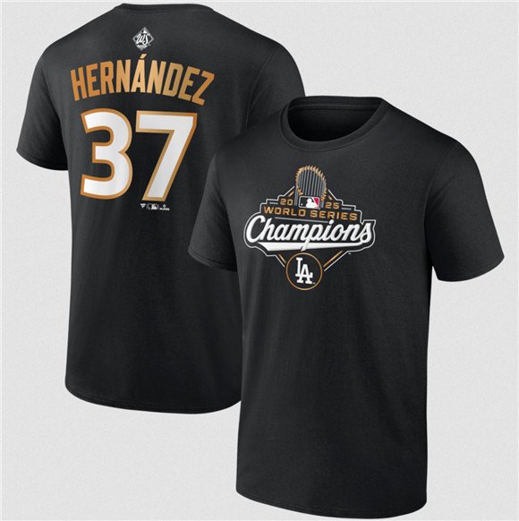 Men's Los Angeles Dodgers #37 Teoscar Hernández Black 2025 World Series Champions Name & Number T-Shirt