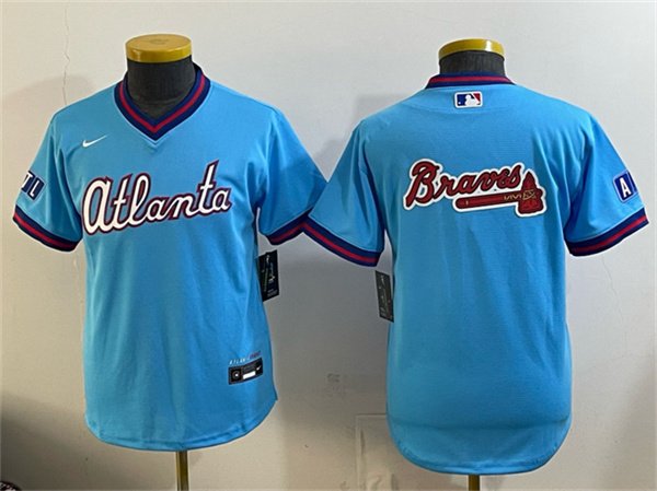 Youth Atlanta Braves Team Big Logo Powder Blue 2026 City Connect Stadium Stitched Baseball Jersey