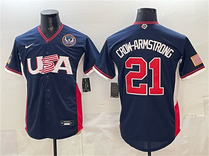 Men's USA Baseball #21 Crow-Armstrong Navy 2026 World Baseball Classic United States 250th Anniversary Patch Road Stadium Stitched Jersey