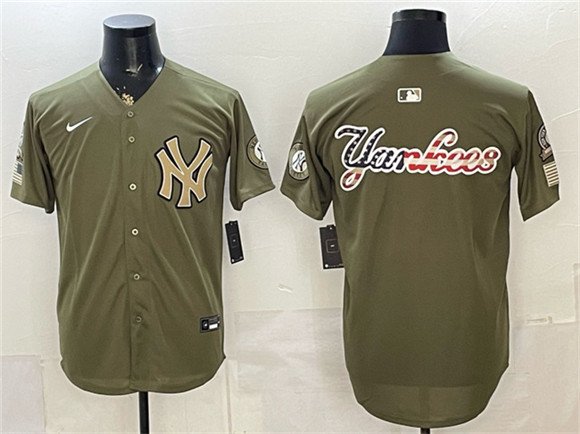 Men's New York Yankees Team Big Logo Olive 2026 Armed Forces Day Stitched Baseball Jersey