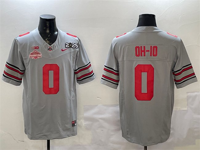 Men's Ohio State Buckeyes #0 OH-IO Grey 2025 CFP Final With National Champions Patch F.U.S.E. Vapor Limited Stitched Football Jersey