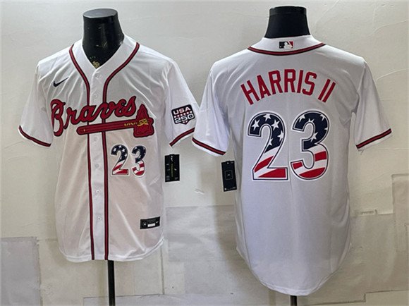 Men's Atlanta Braves #23 Michael Harris II White USA 250 Fourth of July Home Stadium Stitched Baseball Jersey