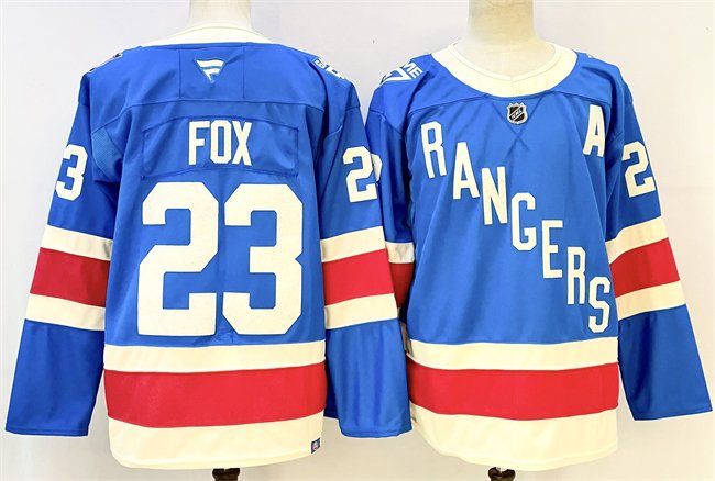 Men's New York Rangers #23 Adam Fox Blue With A Patch Stitched Hockey Jersey