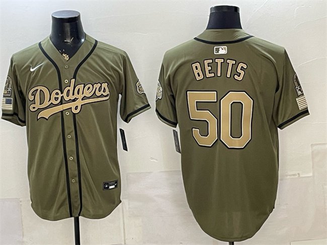 Men's Los Angeles Dodgers #50 Mookie Betts Olive 2026 Armed Forces Day Stitched Baseball Jersey