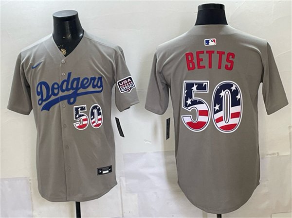 Men's Los Angeles Dodgers #50 Mookie Betts Gray 250 Fourth of July Road Stitched Baseball Jersey