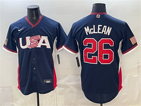 Men's USA Baseball #26 Nolan McLean Navy 2026 World Baseball Classic Road Stadium Stitched Jersey